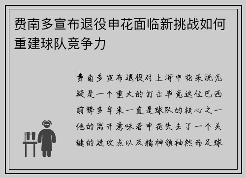 费南多宣布退役申花面临新挑战如何重建球队竞争力